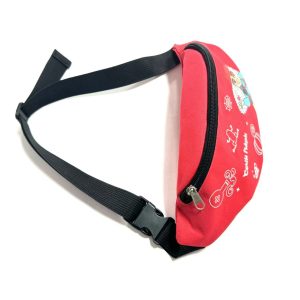 Side view of red waist bag highlighting black zipper and plastic buckle