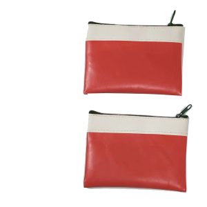 Red mini coin pouch with white contrast trim and top zipper