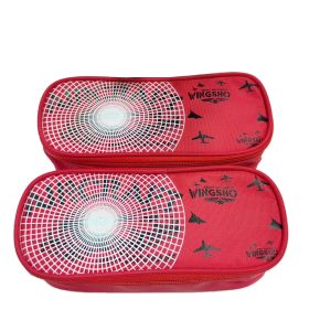 Two red radar pattern pencil pouches stacked horizontally
