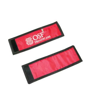 Red wrist pouch front and back view showing custom logo and plain back side
