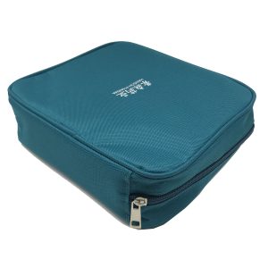 Rigid oxford zipper pouch side view showing metal zipper pull and padded structure