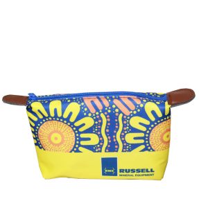 Blue and yellow cosmetic bag with RME Russell Mineral Equipment logo and blue zipper
