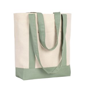 Sage green canvas tote bag angled view with long straps