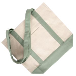 Sage green canvas tote bag front view with color-blocked bottom