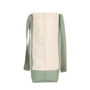 Side view of sage green canvas tote bag showing bottom color block