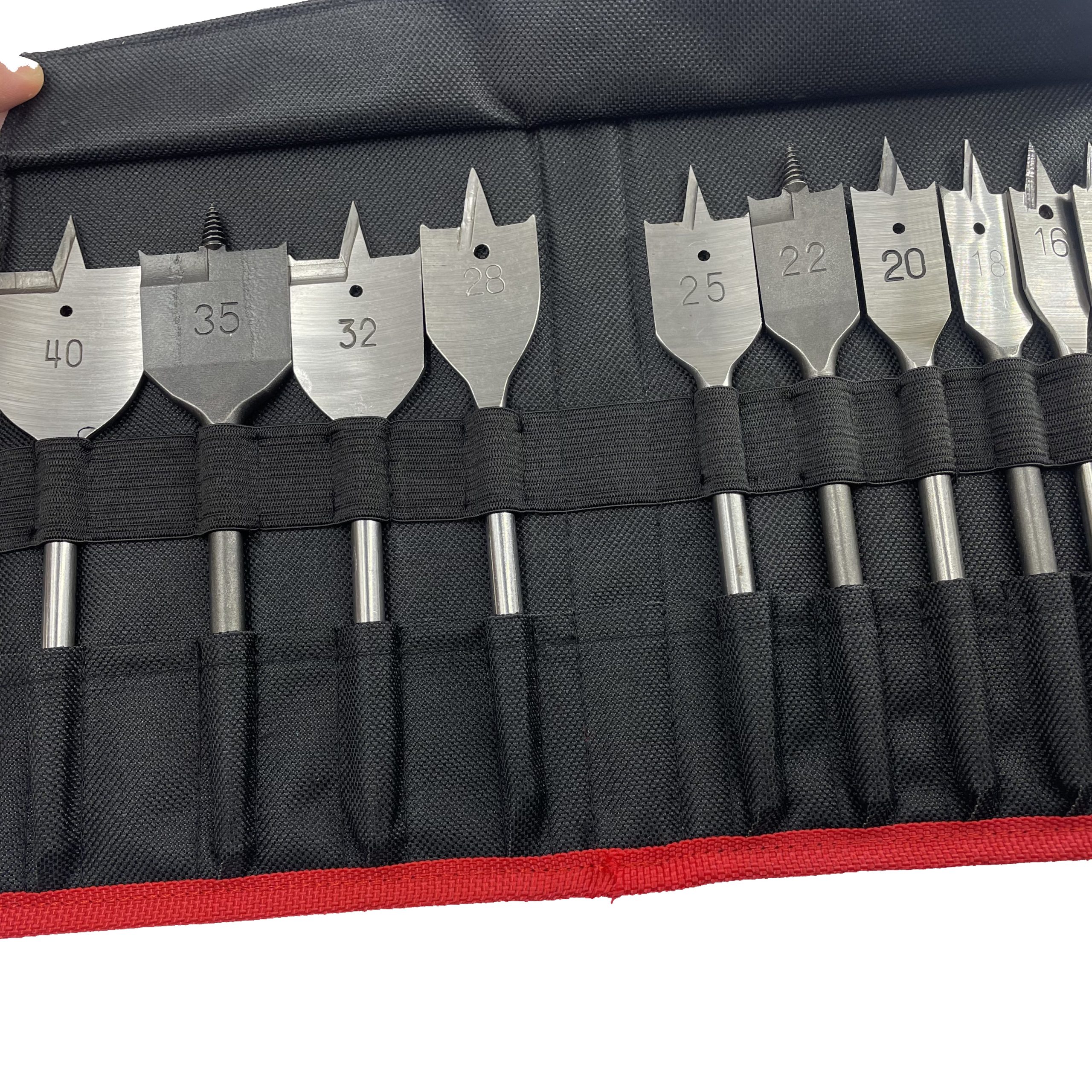 Spade bit tool organizer pouch opened flat to show custom insert slots