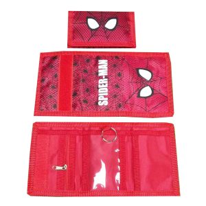 Open Spider-Man folding wallet with clear PVC card slots, zipper pocket, and key ring