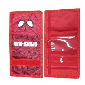 Vertical view of Spider-Man wallet showing red trim and key ring detail