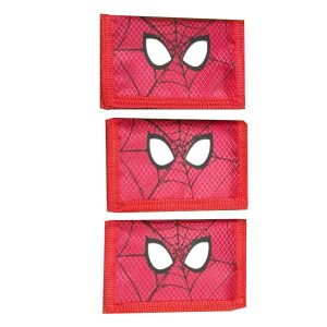 Three closed red Spider-Man folding wallets with red edge binding