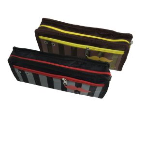 Stacked brown and black stripe mustache pouches with red and yellow zippers
