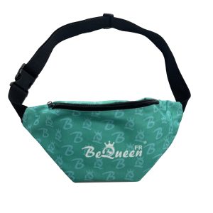 Teal Be Queen logo fanny pack front view with black buckle