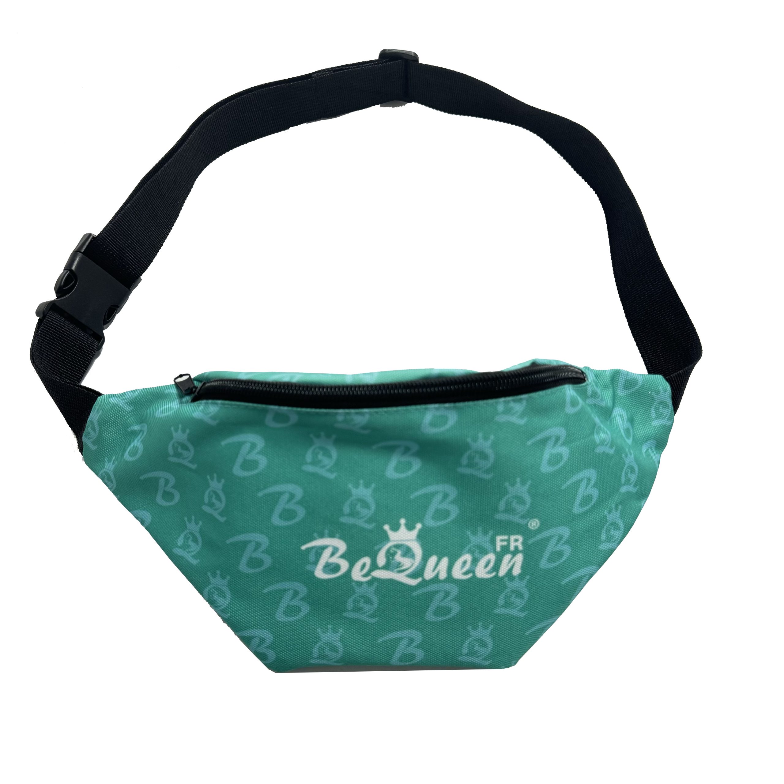 Teal Be Queen logo fanny pack front view with black buckle