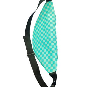 Side profile of teal checkered fanny pack with black adjustable strap