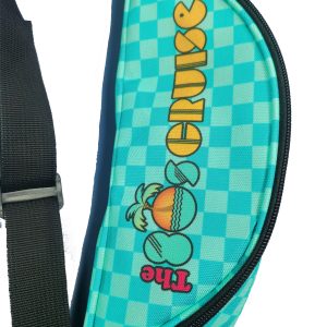 Teal checkered fanny pack side view with tropical The CRUISE logo