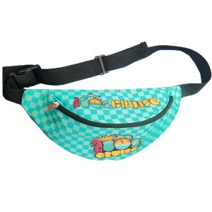 Teal checkered sling bag front view with adjustable black strap