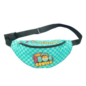 Teal checkered waist bag with metal zipper and tropical graphic