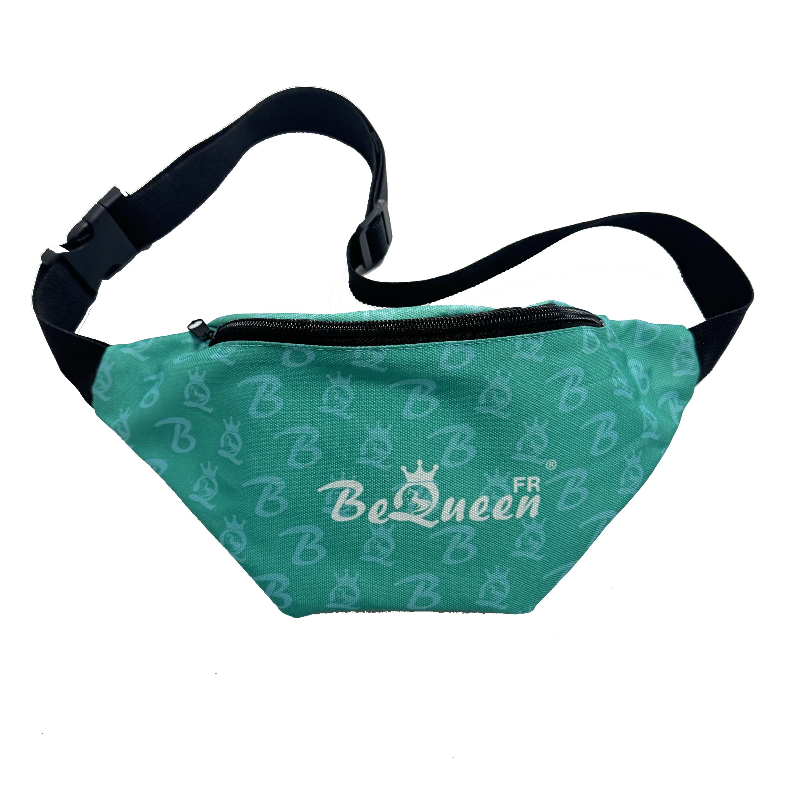 Teal crescent-shaped waist bag with monogram pattern and white logo