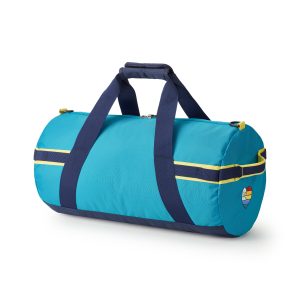 Teal and navy travel duffel bag angled view with side loop