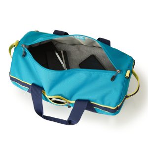 Teal duffel bag interior showing padded laptop sleeve and organizer pocket