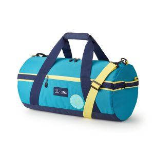 Teal duffel bag showing detachable yellow shoulder strap and hardware