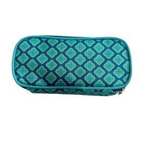 Teal geometric patterned pencil case front view with contrast piping