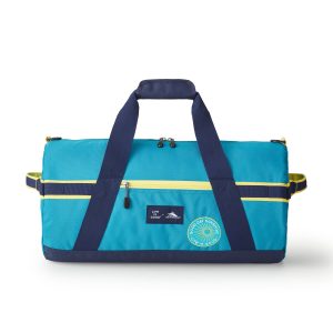 Teal gym duffel bag front view with yellow zipper pocket and front label