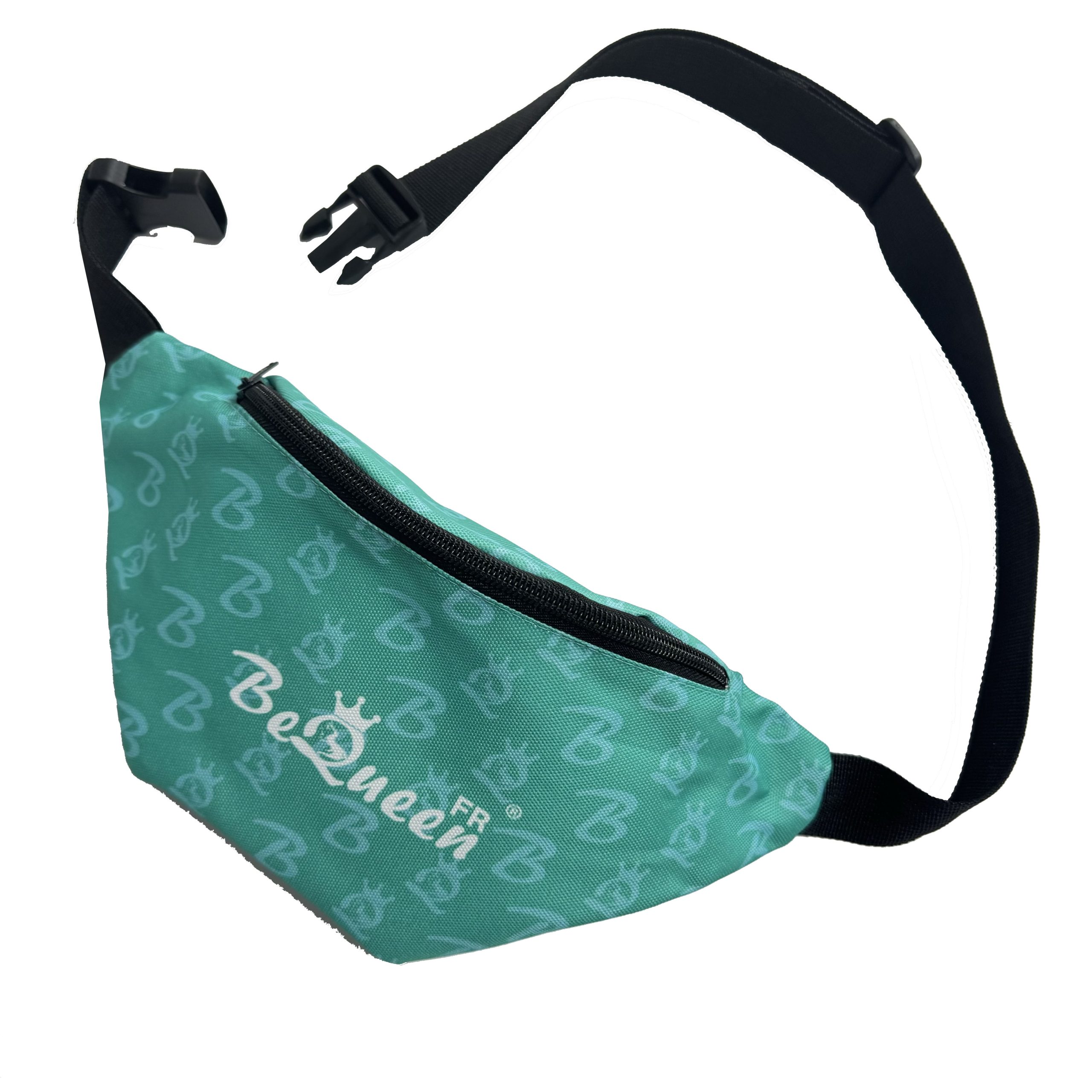Teal monogram waist bag angled view with black zipper and strap