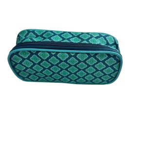 Teal pencil case side view showing sturdy zipper and rounded edges