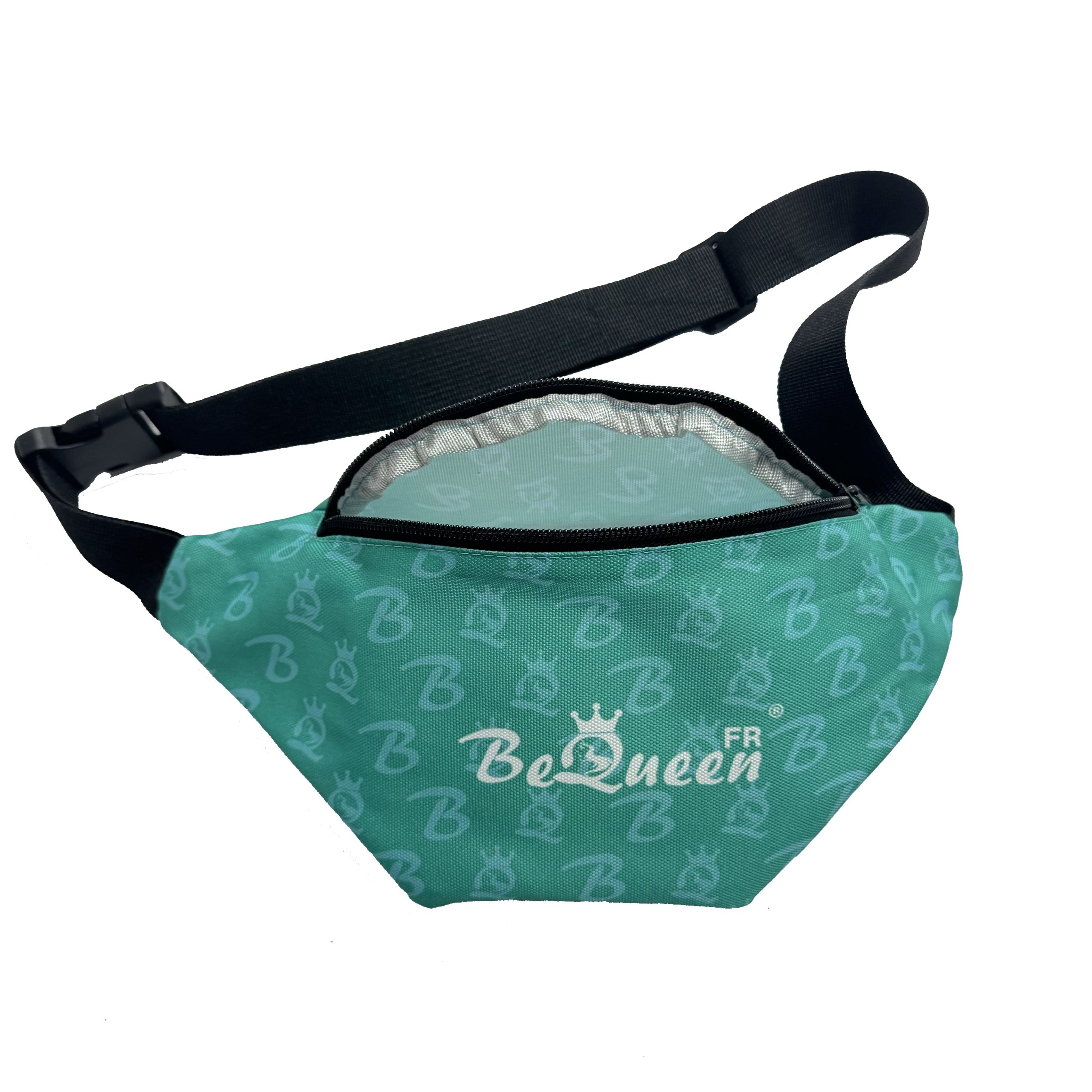 Open teal waist bag showing light interior lining