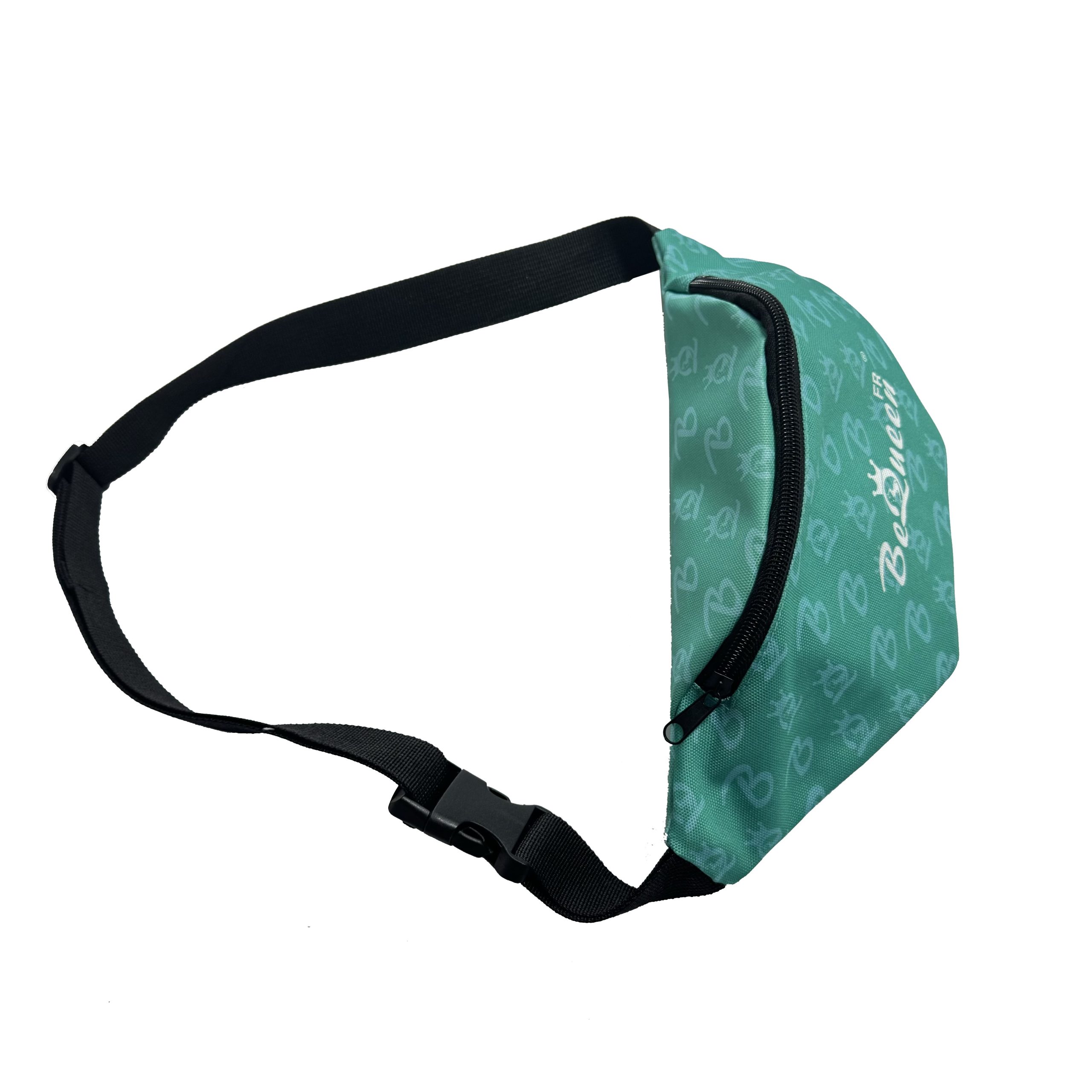 Teal fashion waist bag side profile with black adjustable strap