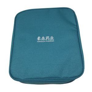 Teal padded zipper pouch back with Hansoh Pharma custom logo print