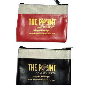 Red and black The Point Casino branded keychain coin pouches with gold text