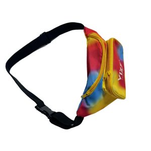 Rainbow tie-dye waist bag side view with bright yellow zipper and black buckle