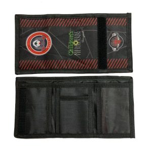 Opened black tri-fold wallet with Velcro closure and clear card slots