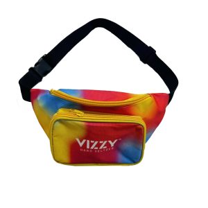 Vizzy Hard Seltzer branded tie-dye fanny pack front view with yellow zipper