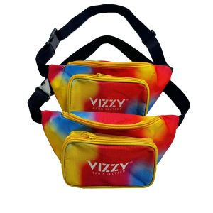 Two stacked tie-dye waist bags with Vizzy branding and yellow zipper accents