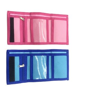 Open pink and blue wallets showing internal zipper pocket and clear PVC card slots