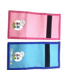 Flat open pink and blue wallets showing long Velcro closure strip