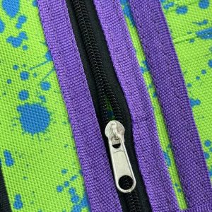 Close-up of black zipper and silver pull tab on kids wallet coin pocket
