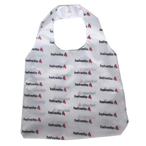 White 210D polyester promo tote bag front view with full Helvetia print