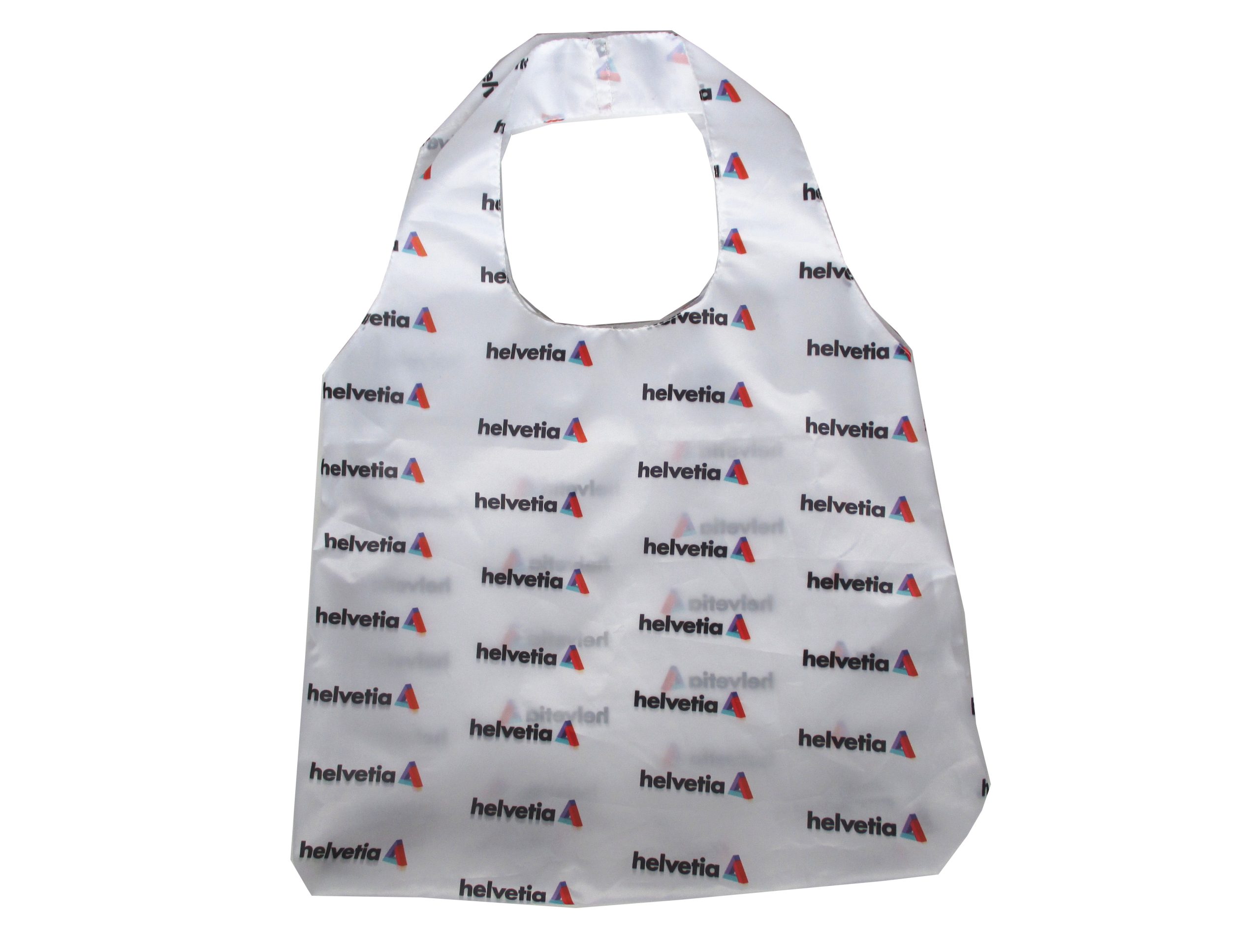 White 210D polyester promo tote bag front view with full Helvetia print