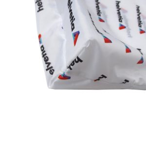 Close-up of 210D fabric texture and full logo printing on white tote