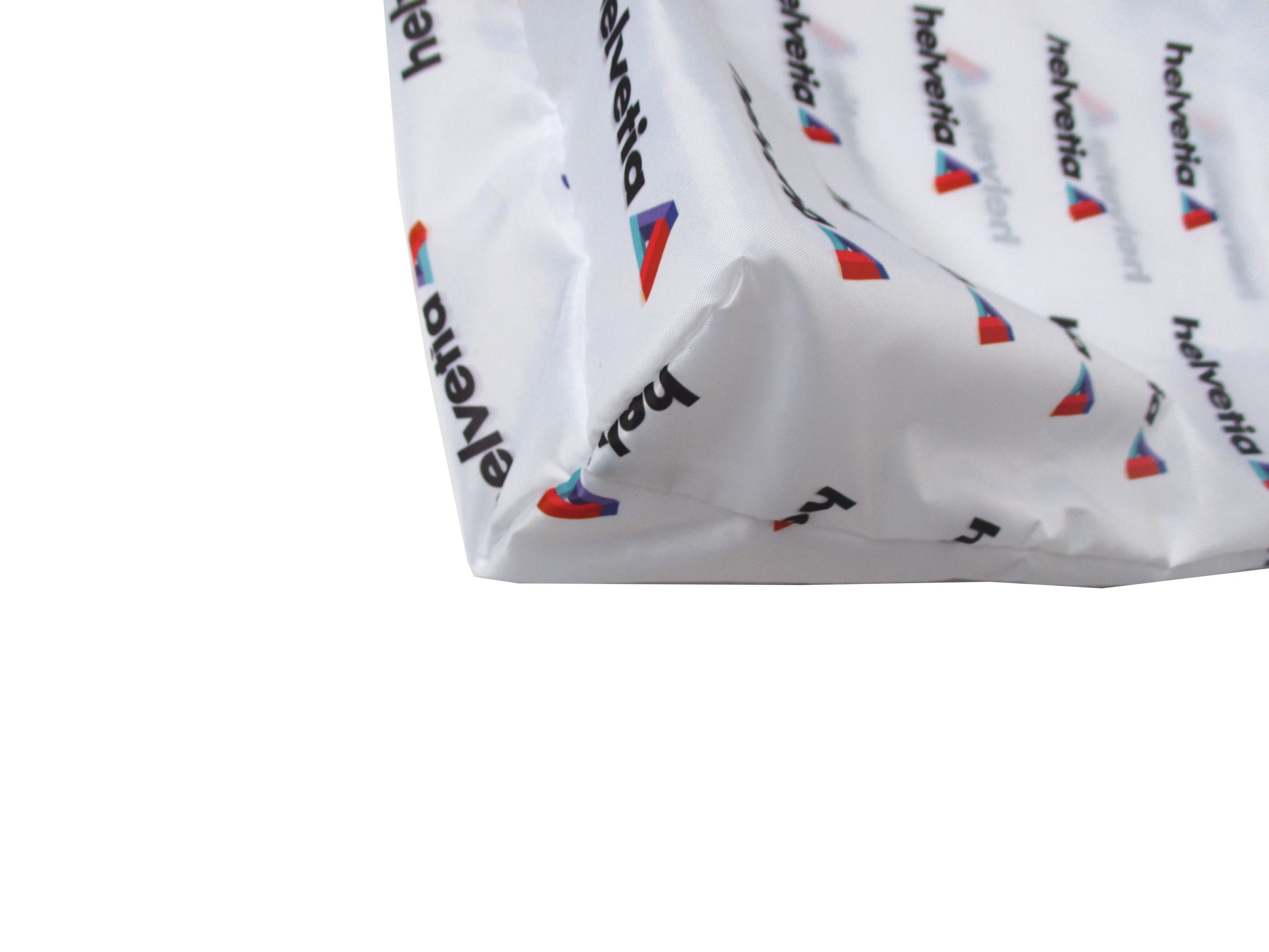 Close-up of 210D fabric texture and full logo printing on white tote