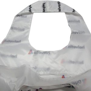 Integrated die-cut handle detail on white 210D tote bag