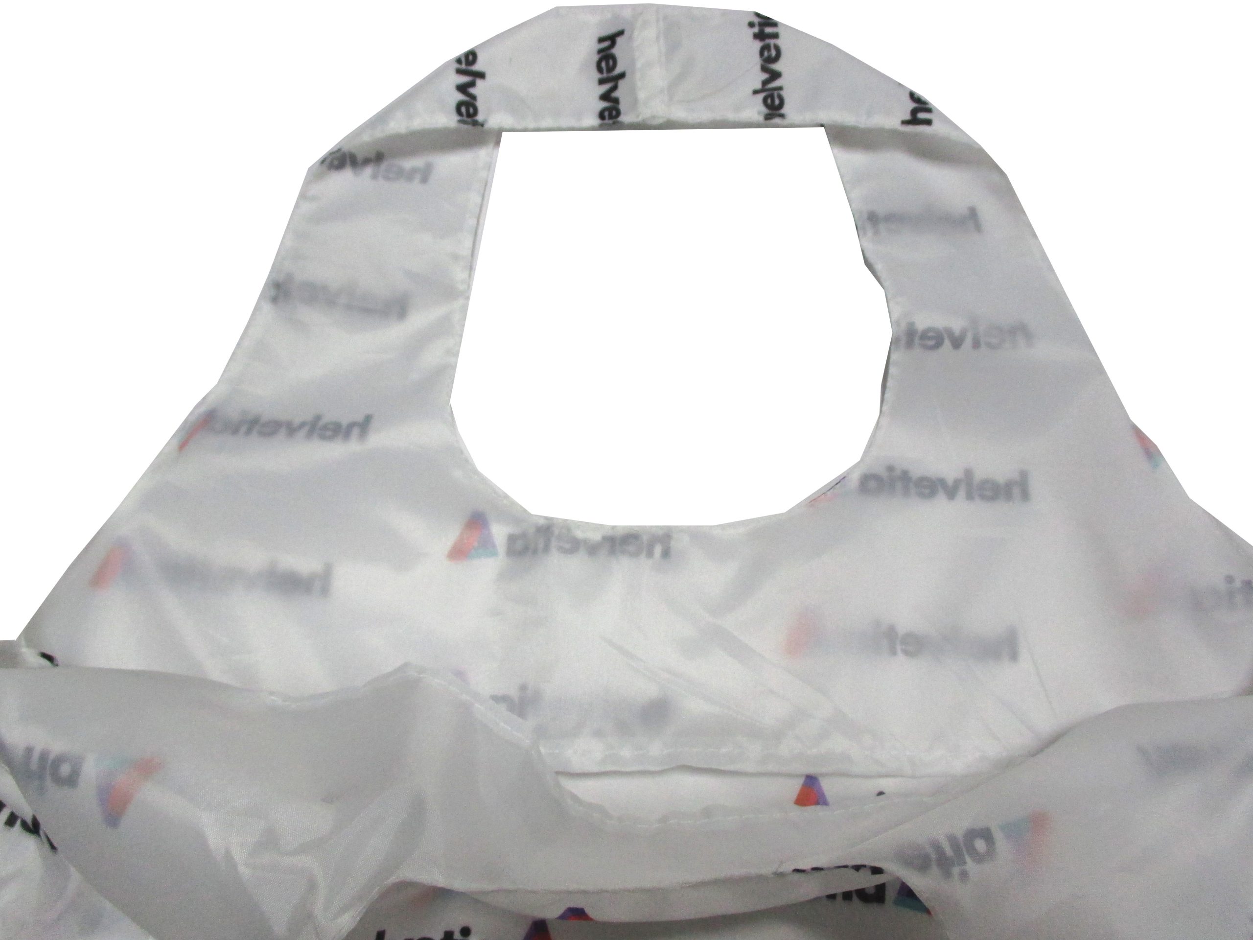 Integrated die-cut handle detail on white 210D tote bag
