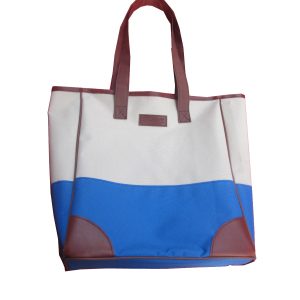 White and blue color-block oxford tote bag with brown PU trim and handles