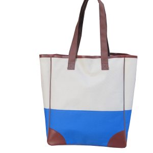 Clean back view of white and blue color-block tote bag with brown piping