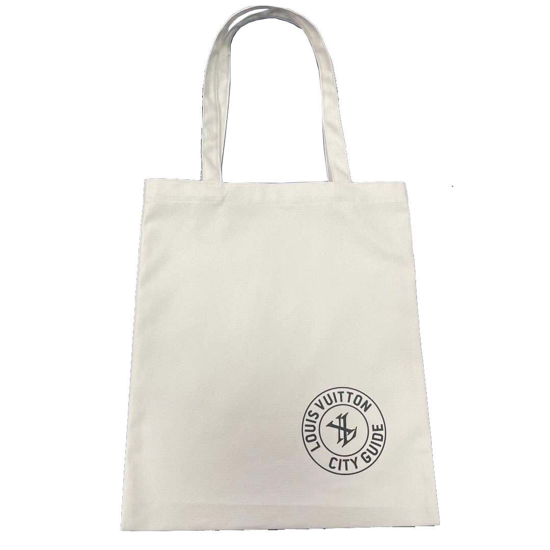 White canvas tote bag with black circular city guide logo print