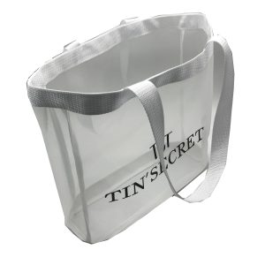 White mesh tote bag angled view showing lightweight texture