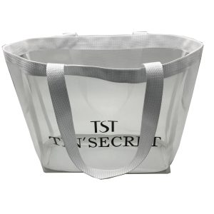 White semi-transparent mesh tote bag front view with gray handles